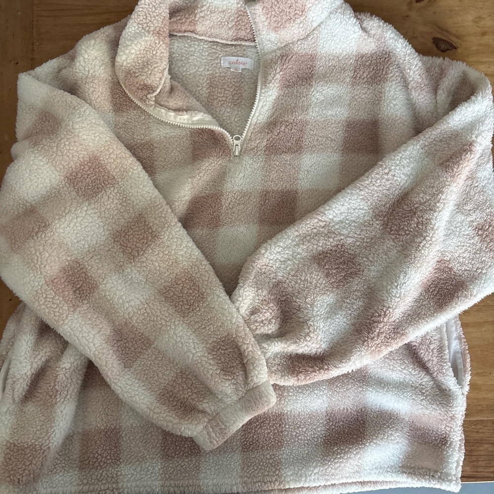 Colsie Pink and Cream Plaid Sherpa Half-Zip Pullover